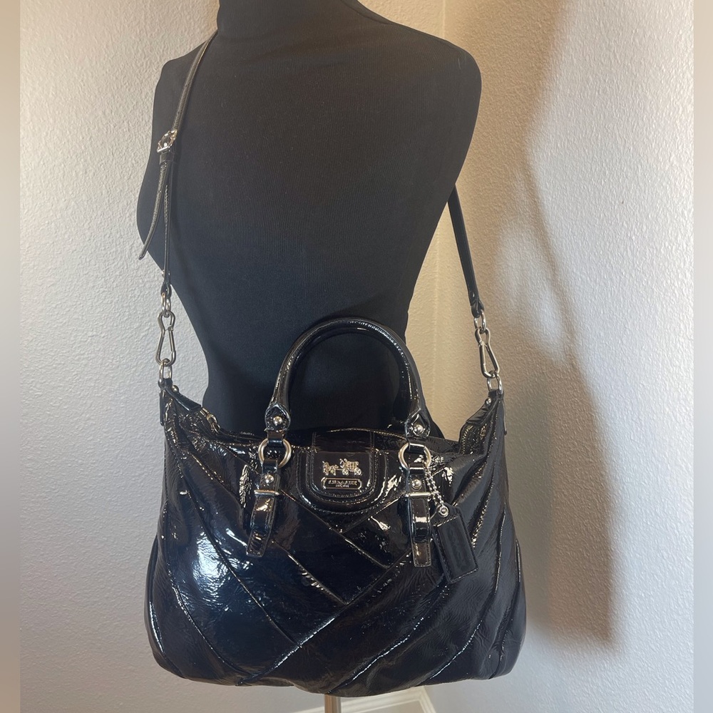 Coach Madison Diagonal Pleated Patent Leather Juliette Satchel Black Bag 21304 - Picture 2 of 13